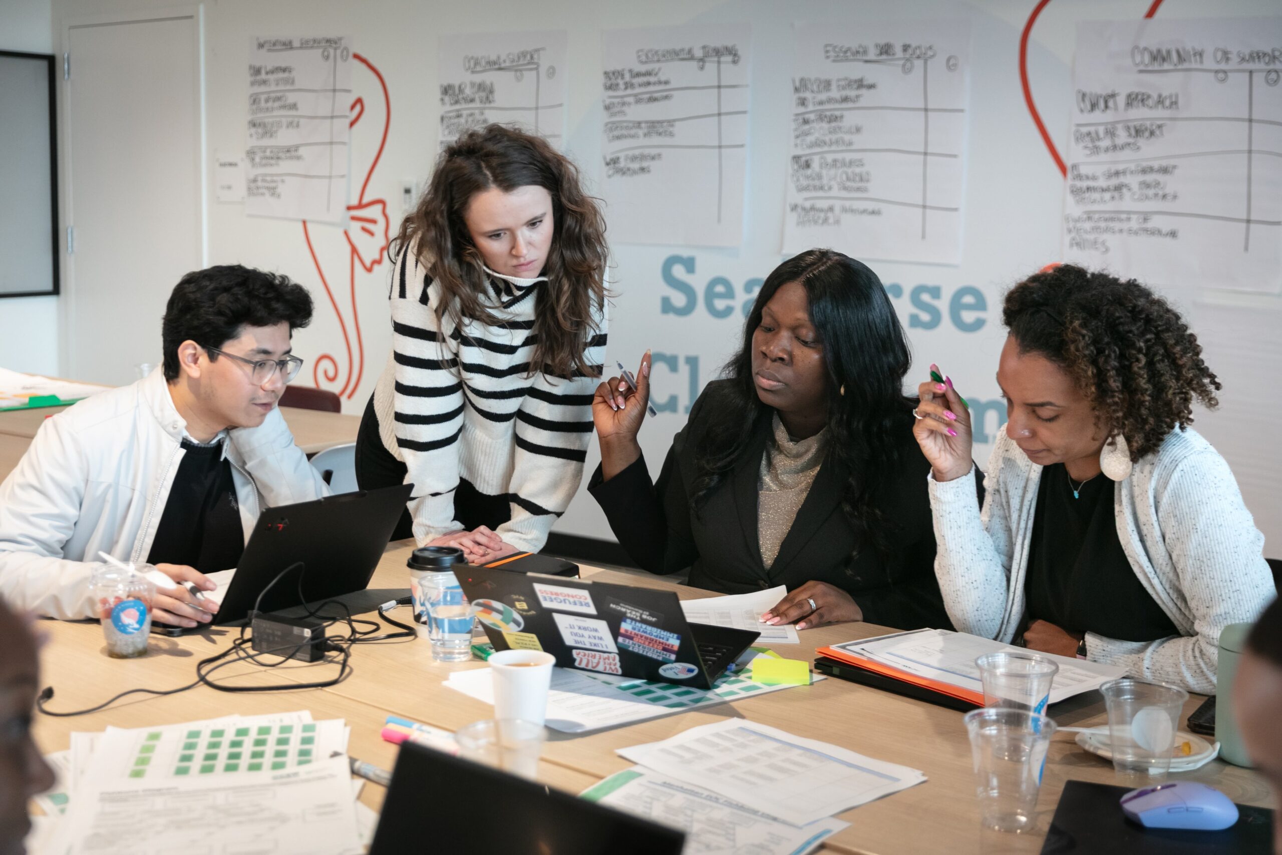 A group of professionals sit around a table with large post-it notes behind them written on during a brainstorm session.