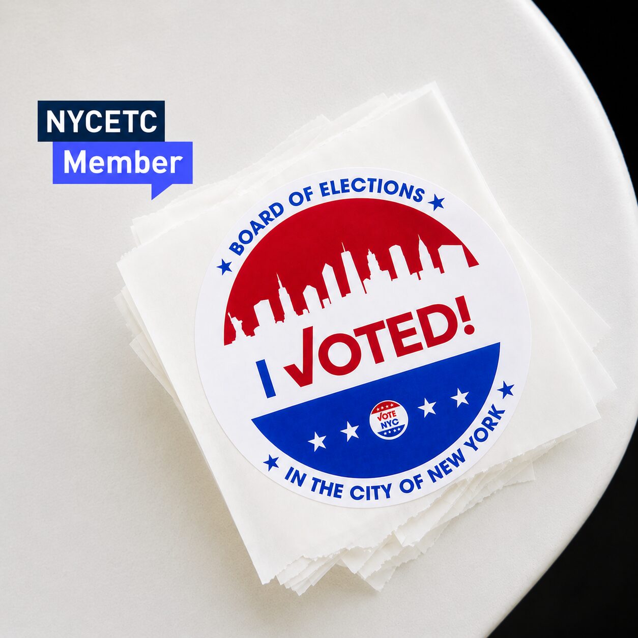 A photo of a stack of red, white, and blue stickers that say: "I Voted! Board of elections in the city of New York."