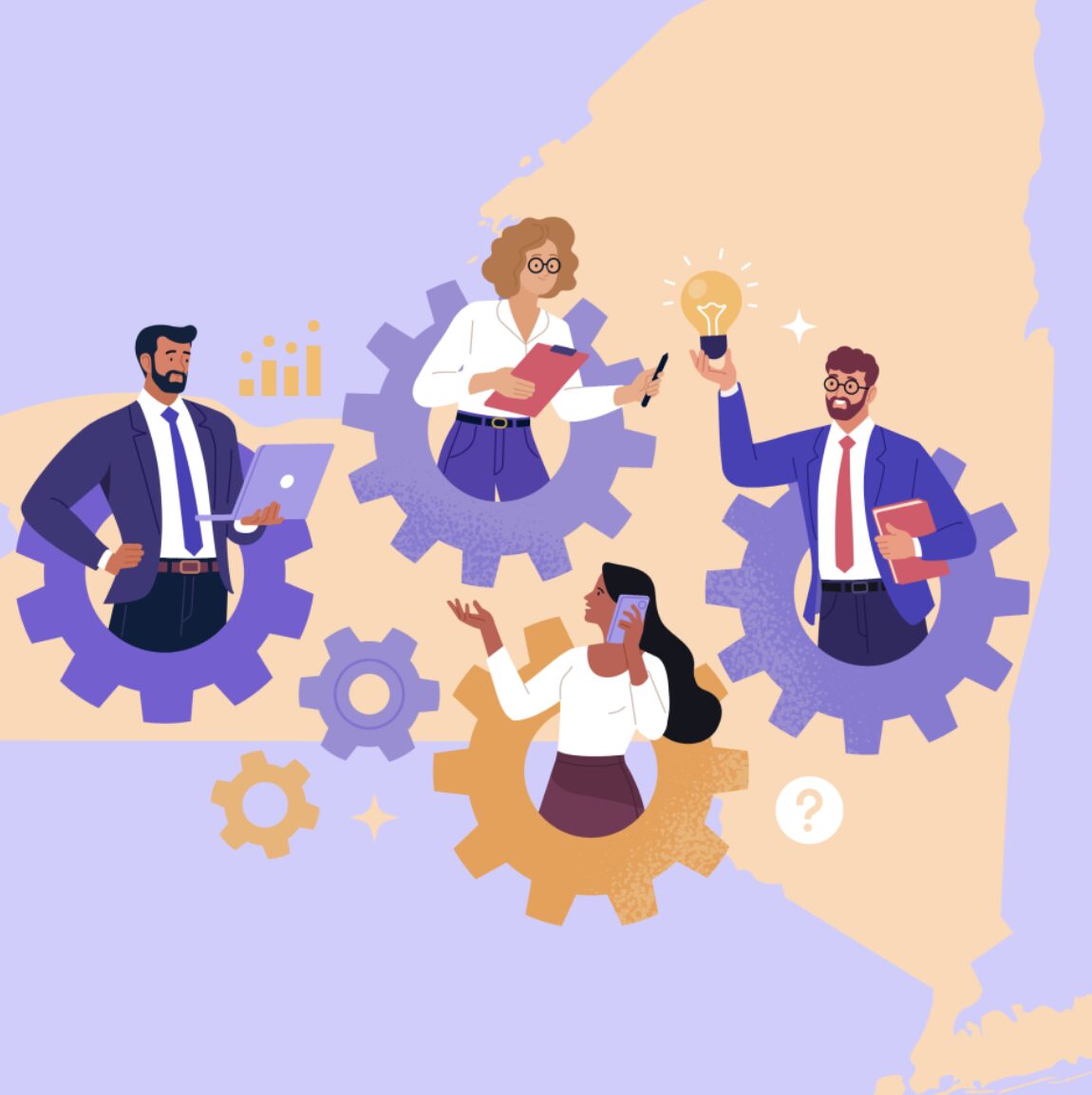 An illustration in pastel colors of four workers inside clock-like gears floating over an outline of New York State.