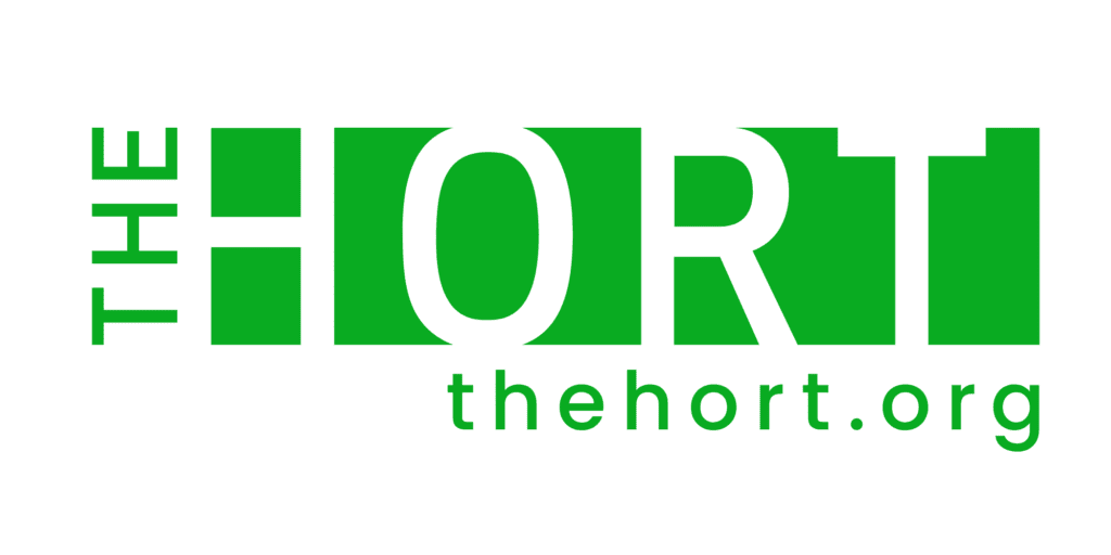 The logo of The Horticultural Society of New York in a lime-green color with white outlines.